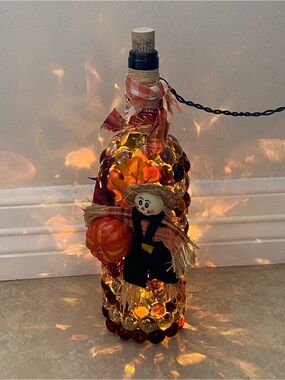 Brown Glass Bottle Cork Lid Beaded Plugin Light Pumpkin Scarecrow Fall Decor